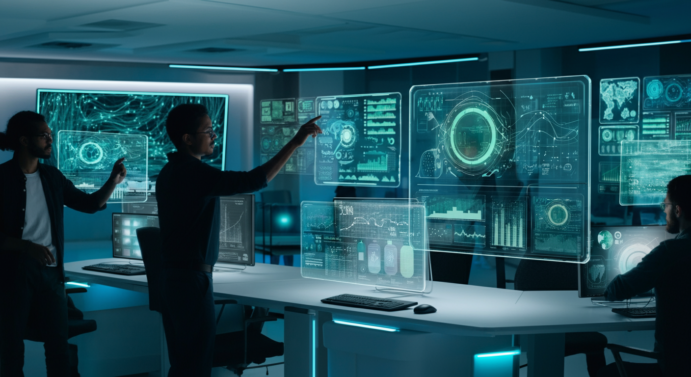 A diverse team of IT professionals collaboratively analysing complex data visualisations on holographic displays in a modern, brightly lit control room.