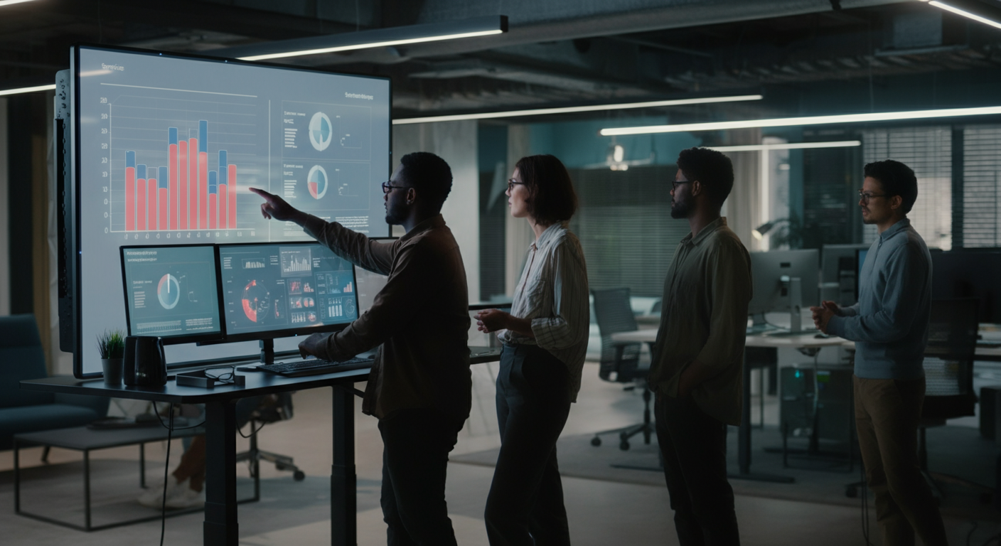 A diverse team of IT professionals collaboratively reviewing data on large screens in a modern, brightly lit office.