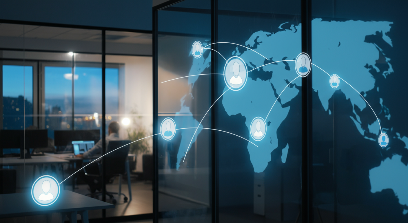 A diverse group of professionals collaborating seamlessly across multiple screens in different geographic locations, with a subtle overlay of network connections.