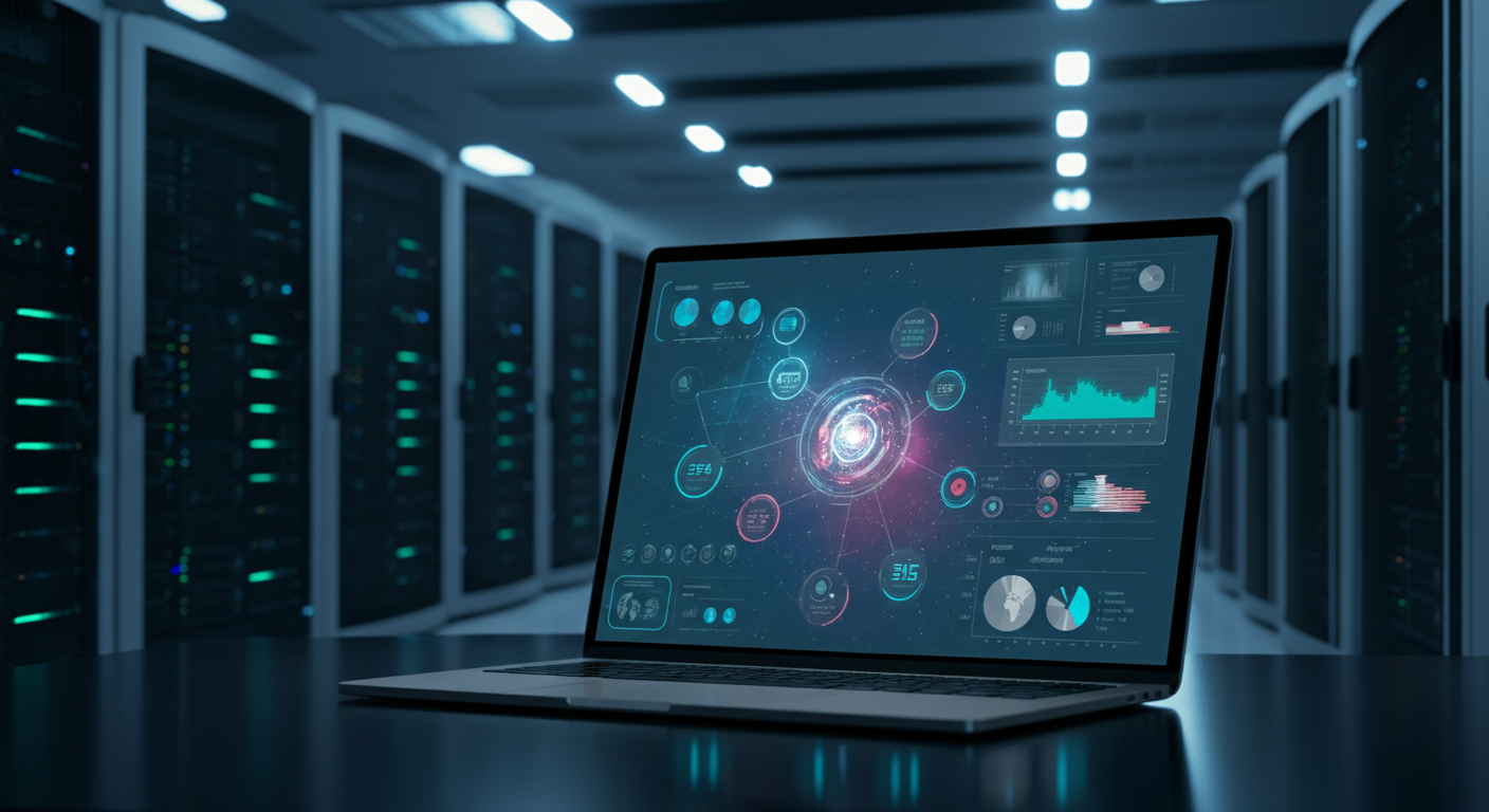 A sleek, modern desk with a laptop displaying a cloud-based dashboard, overlooking a blurred background of a secure data centre.