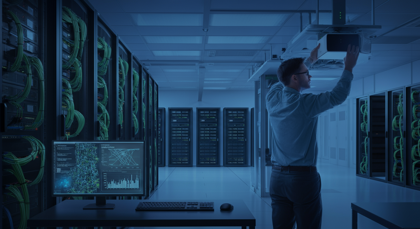 Network engineer checking a high-performance access point on a ceiling mount in a sleek, modern server room with glowing rack-mounted equipment.